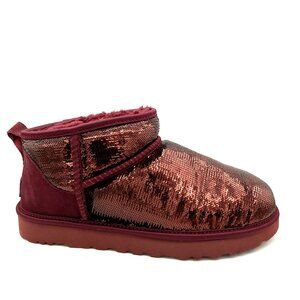 NEW UGG Classic Ultra Mini Mirror Ball Boots Womens 7 Wild Grape Sequin Fur